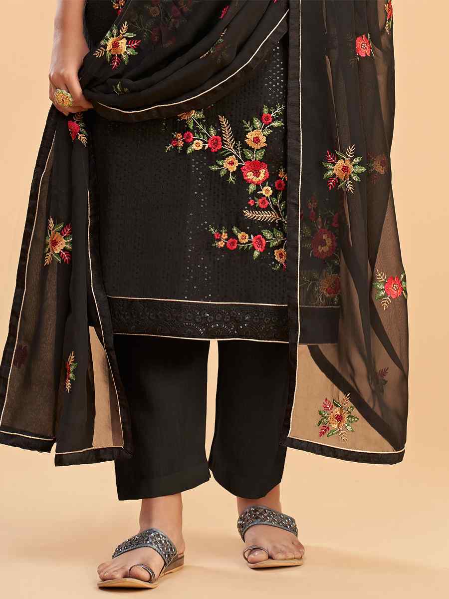 Black Faux Georgette Embroidered Festival Casual Pant Salwar Kameez