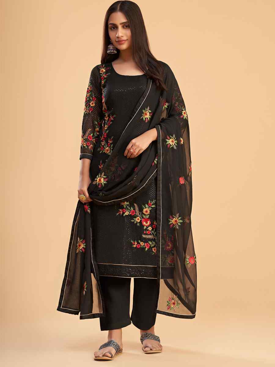 Black Faux Georgette Embroidered Festival Casual Pant Salwar Kameez