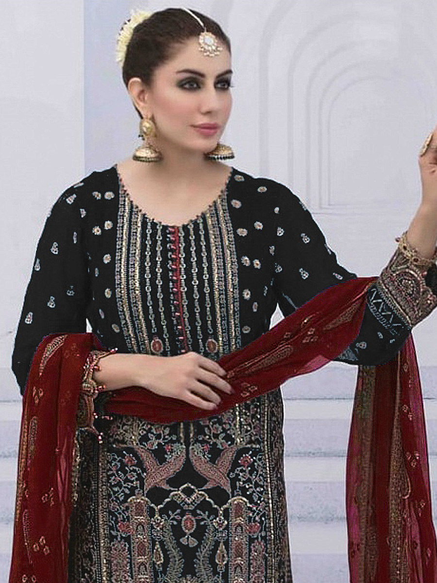 Black Faux Georgette Embroidered Festival Mehendi Pant Salwar Kameez