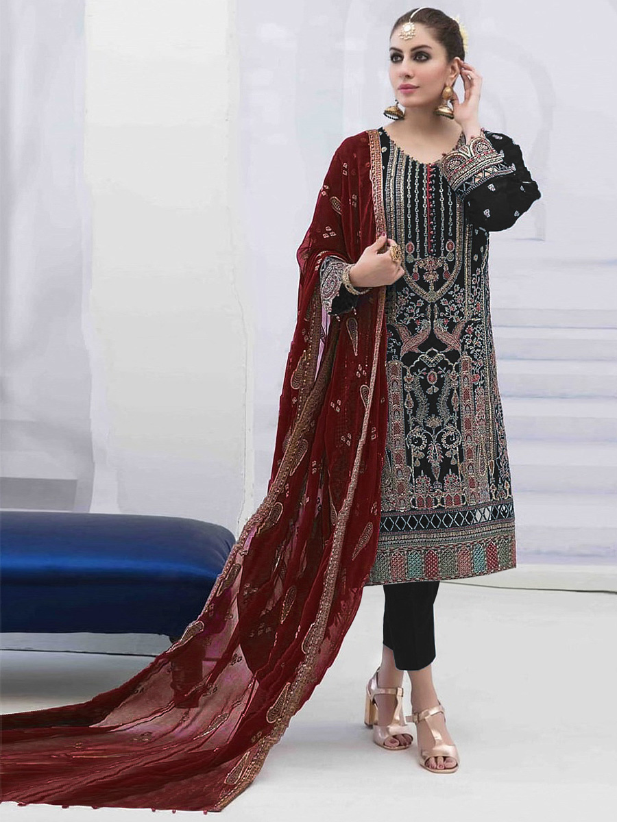 Black Faux Georgette Embroidered Festival Mehendi Pant Salwar Kameez