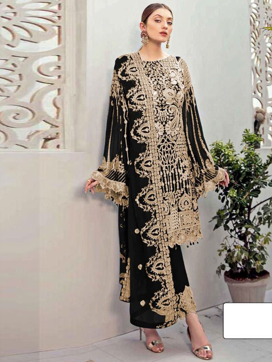 Black Faux Georgette Embroidered Festival Pant Kameez