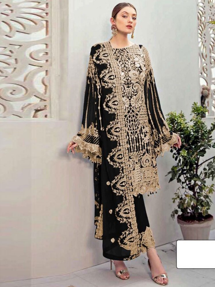 Black Faux Georgette Embroidered Festival Pant Kameez