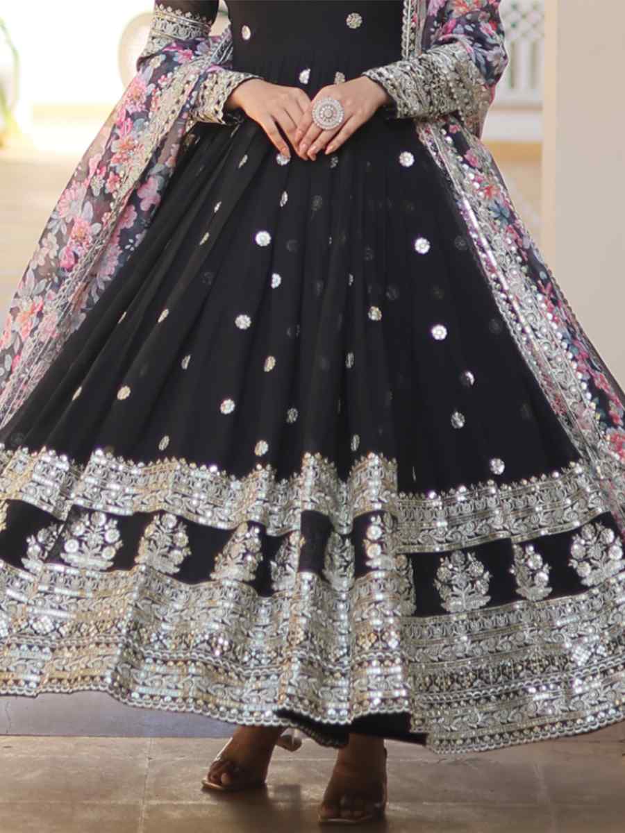 Black Faux Georgette Embroidered Festival Party Gown