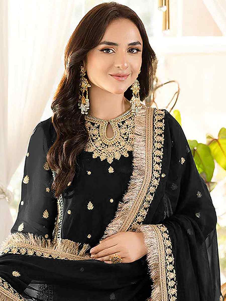 Black Faux Georgette Embroidered Festival Party Pant Salwar Kameez