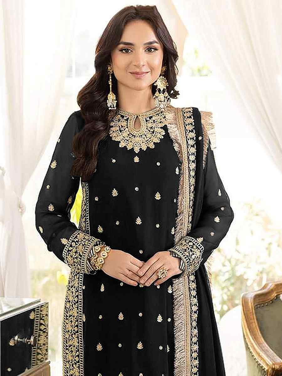 Black Faux Georgette Embroidered Festival Party Pant Salwar Kameez