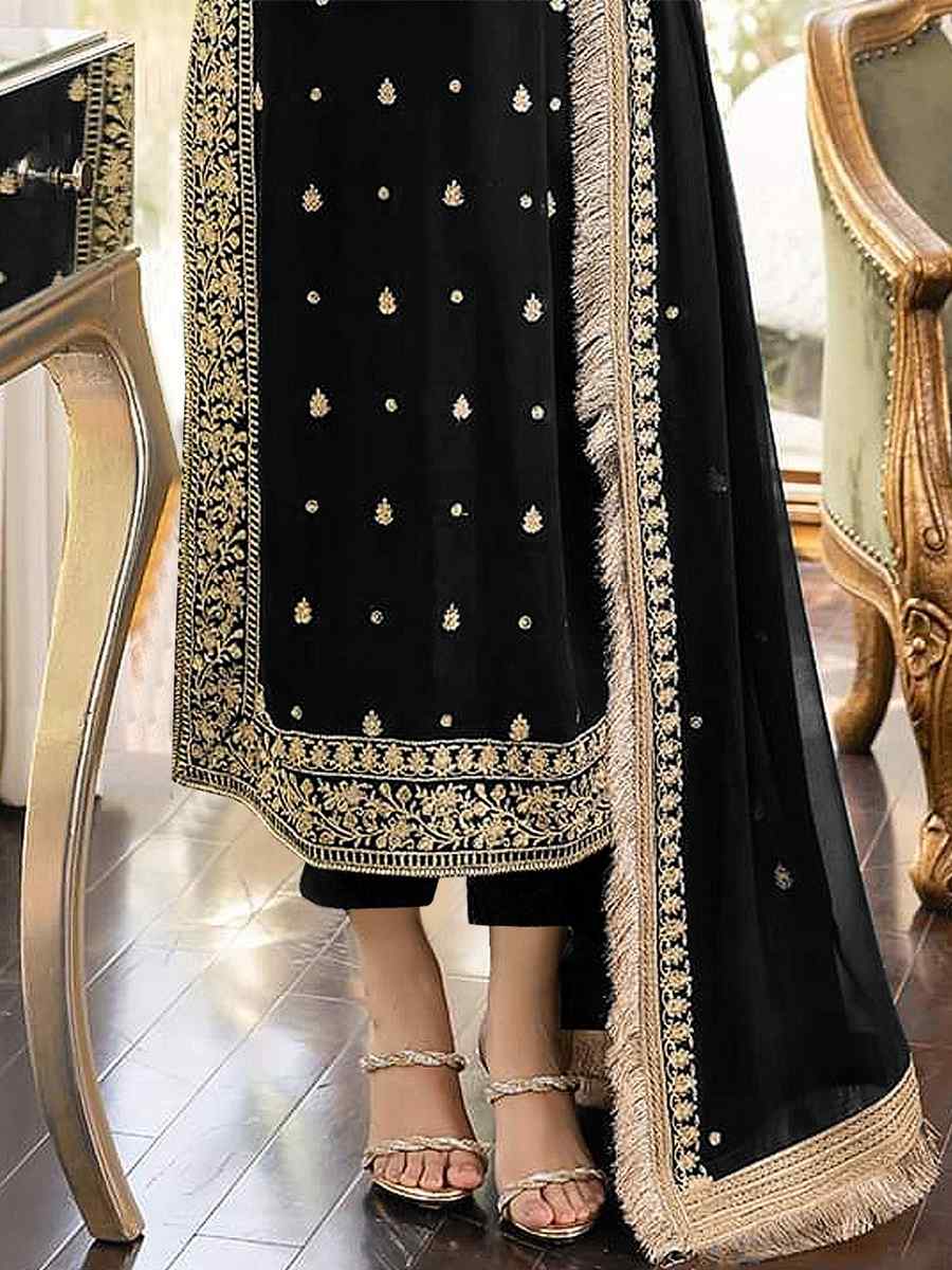 Black Faux Georgette Embroidered Festival Party Pant Salwar Kameez