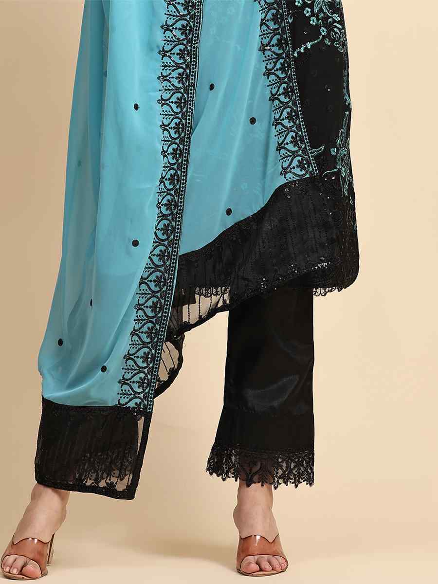 Black Faux Georgette Embroidered Festival Party Pant Salwar Kameez