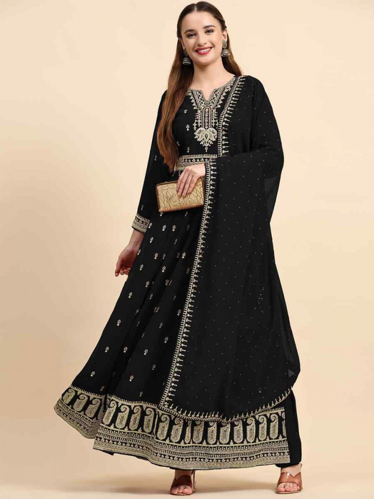 Black Faux Georgette Embroidered Festival Wedding Anarkali Salwar Kameez