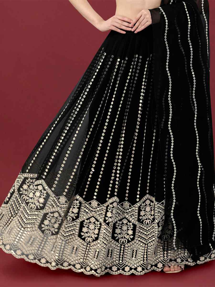 Black Faux Georgette Embroidered Festival Wedding Heavy Border Lehenga Choli