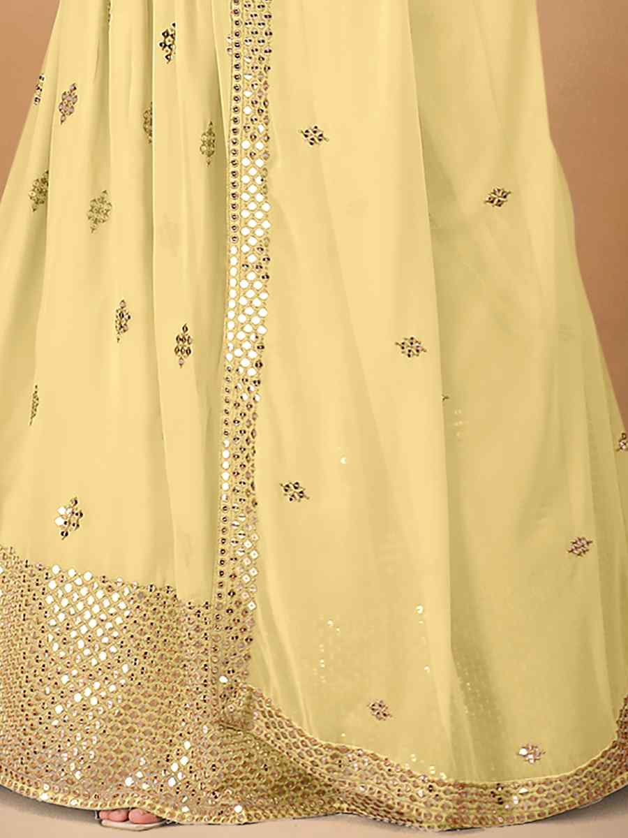 Light Yellow Faux Georgette Embroidered Festival Wedding Heavy Border Lehenga Choli