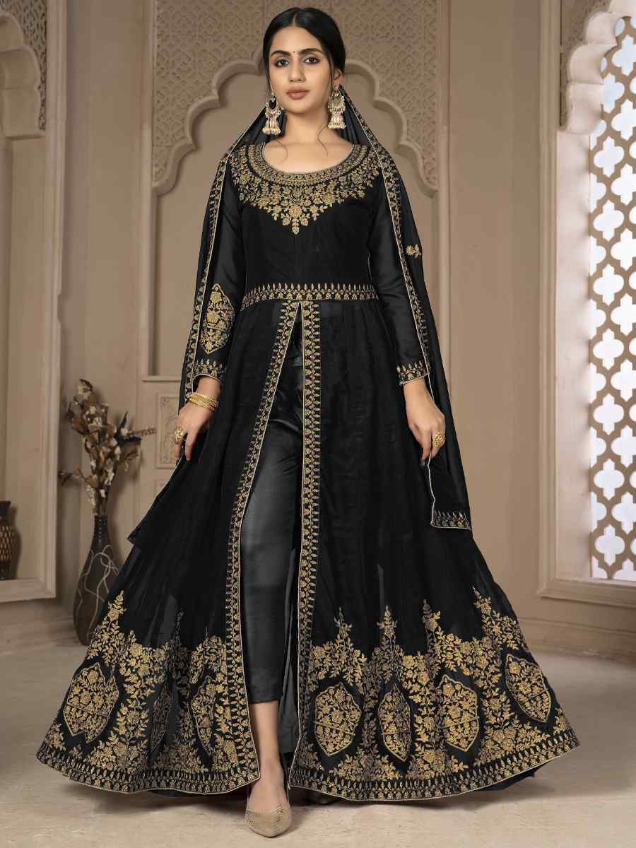 Black Faux Georgette Embroidered Festival Wedding Lawn Salwar Kameez