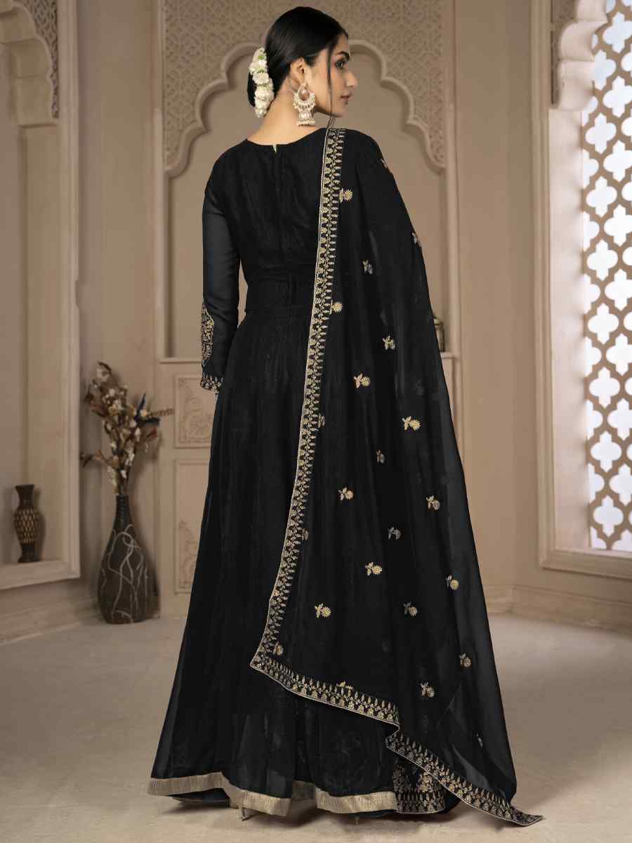 Black Faux Georgette Embroidered Festival Wedding Lawn Salwar Kameez