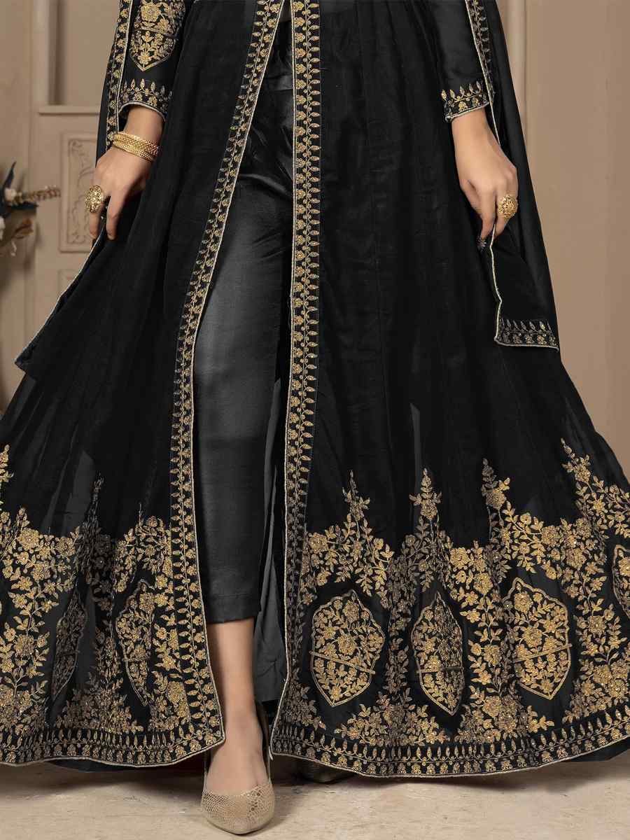 Black Faux Georgette Embroidered Festival Wedding Lawn Salwar Kameez