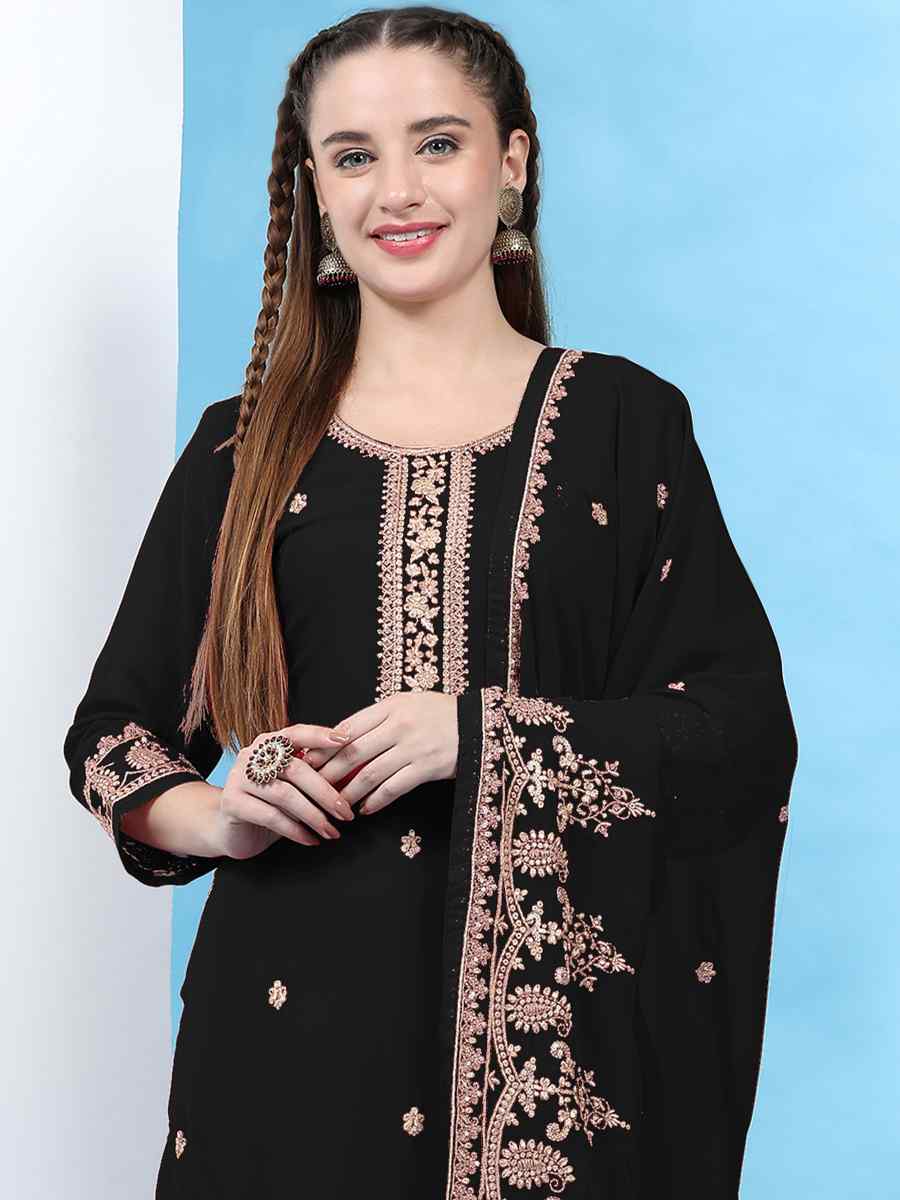 Black Faux Georgette Embroidered Festival Wedding Palazzo Pant Salwar Kameez