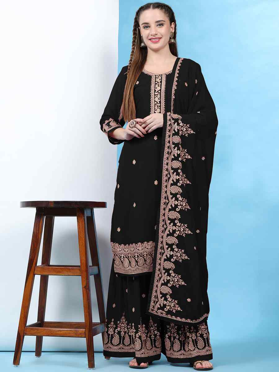 Black Faux Georgette Embroidered Festival Wedding Palazzo Pant Salwar Kameez
