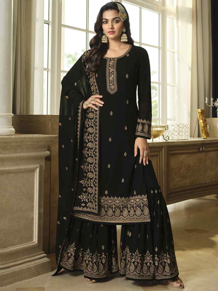 Black Faux Georgette Embroidered Festival Wedding Palazzo Pant Salwar Kameez