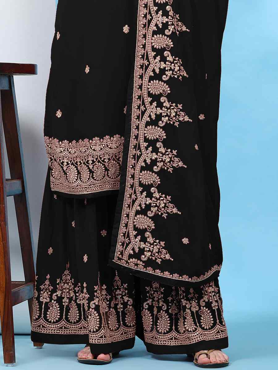Black Faux Georgette Embroidered Festival Wedding Palazzo Pant Salwar Kameez