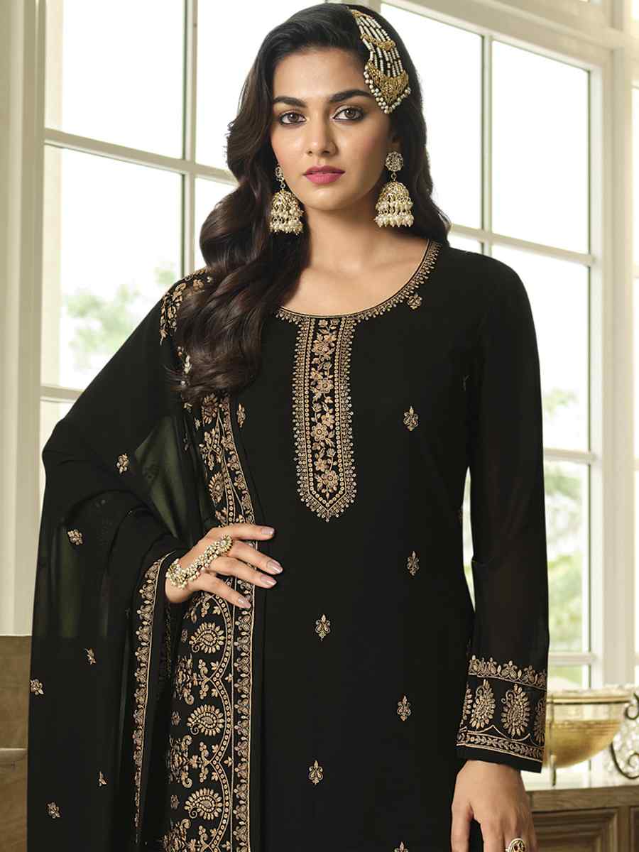 Black Faux Georgette Embroidered Festival Wedding Palazzo Pant Salwar Kameez