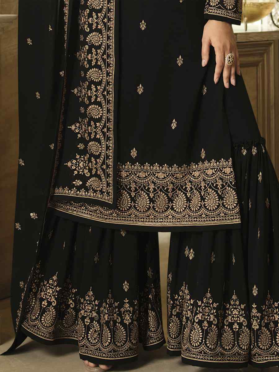 Black Faux Georgette Embroidered Festival Wedding Palazzo Pant Salwar Kameez