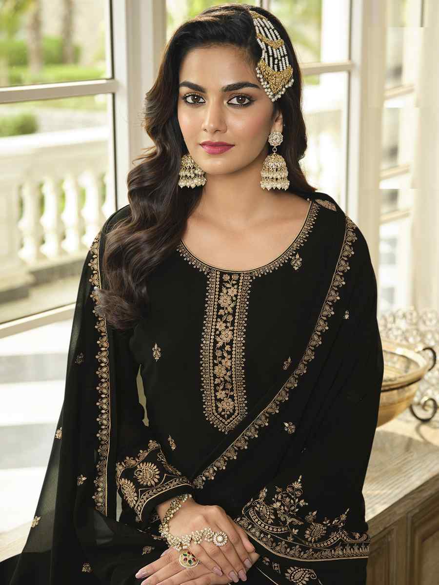 Black Faux Georgette Embroidered Festival Wedding Palazzo Pant Salwar Kameez
