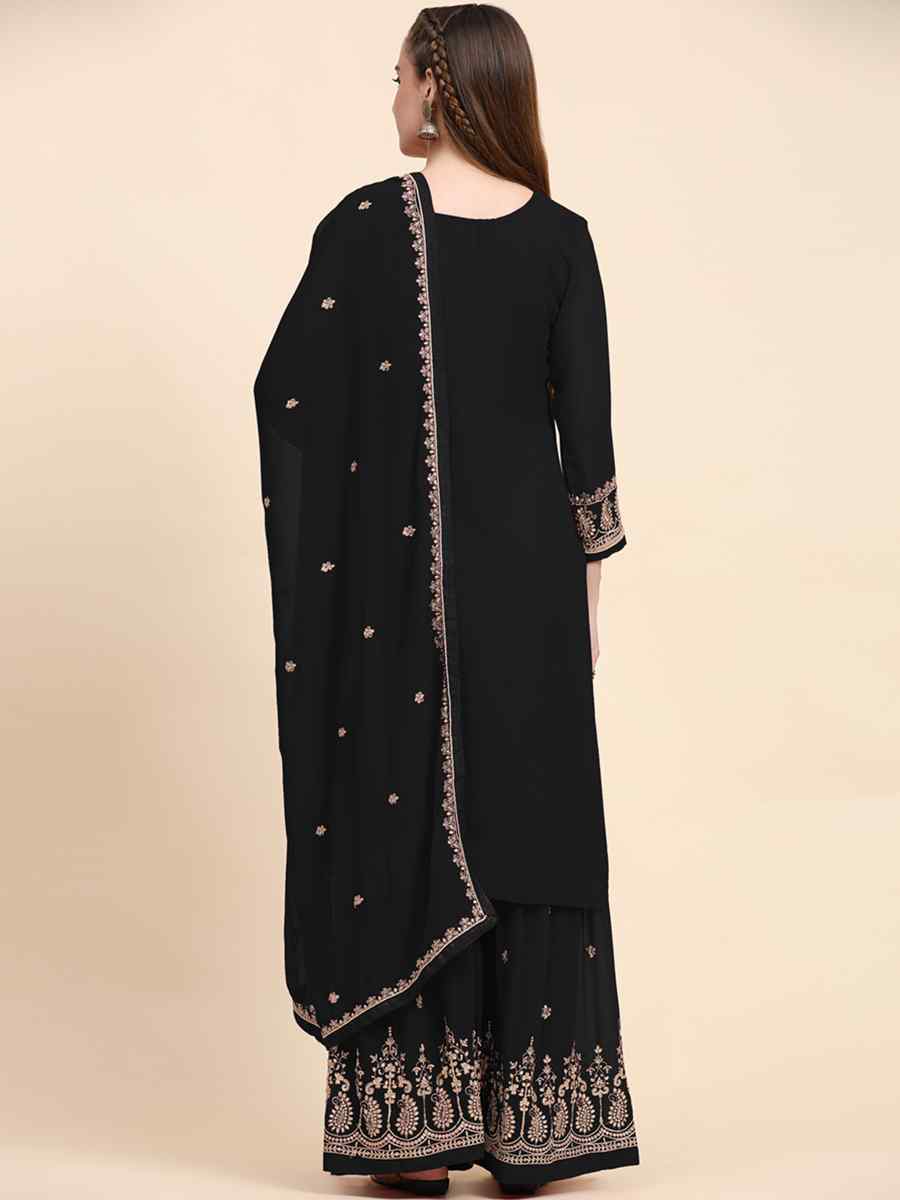 Black Faux Georgette Embroidered Festival Wedding Palazzo Pant Salwar Kameez