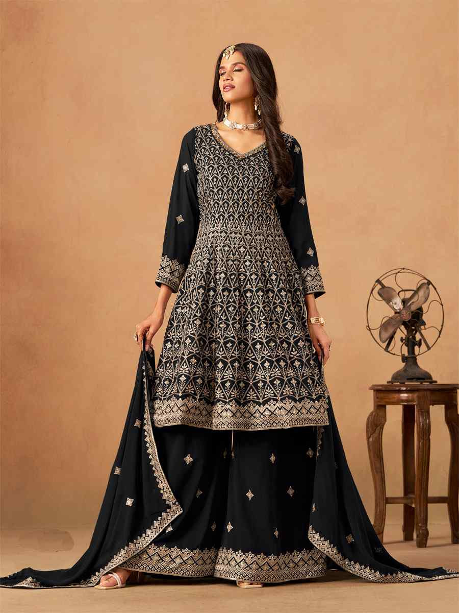 Black Faux Georgette Embroidered Festival Wedding Palazzo Pant Salwar Kameez