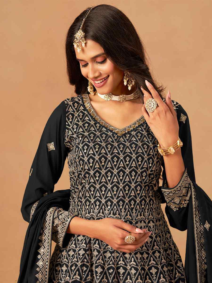 Black Faux Georgette Embroidered Festival Wedding Palazzo Pant Salwar Kameez