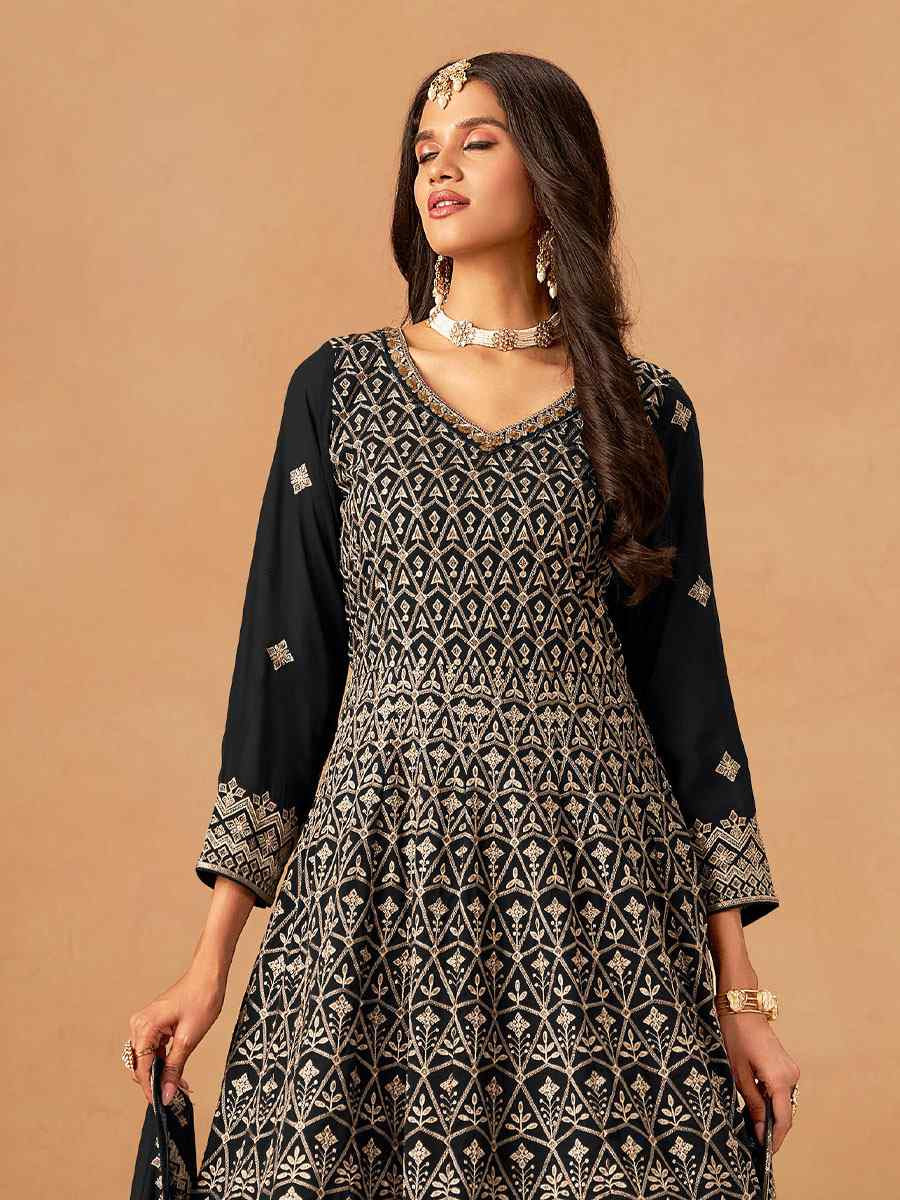 Black Faux Georgette Embroidered Festival Wedding Palazzo Pant Salwar Kameez