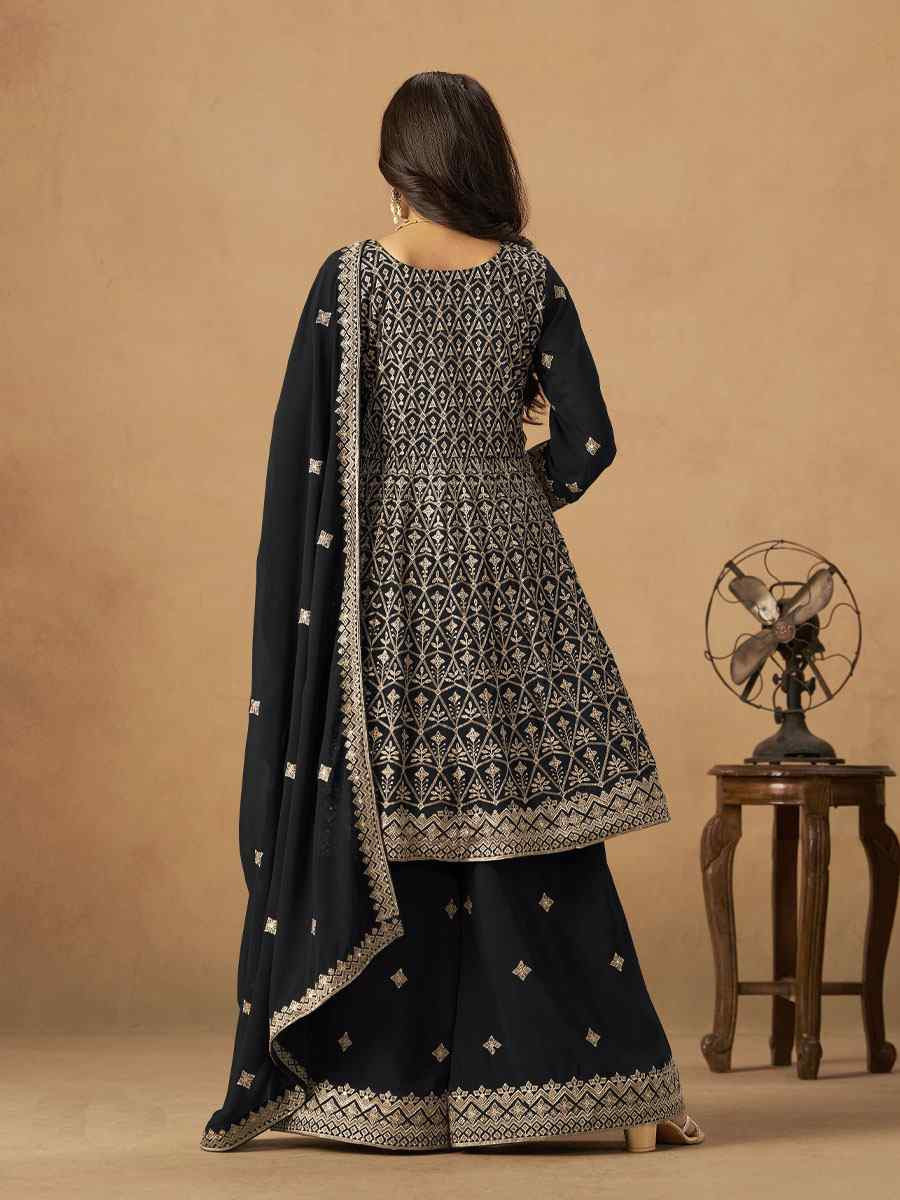 Black Faux Georgette Embroidered Festival Wedding Palazzo Pant Salwar Kameez