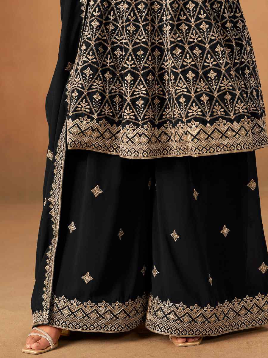 Black Faux Georgette Embroidered Festival Wedding Palazzo Pant Salwar Kameez