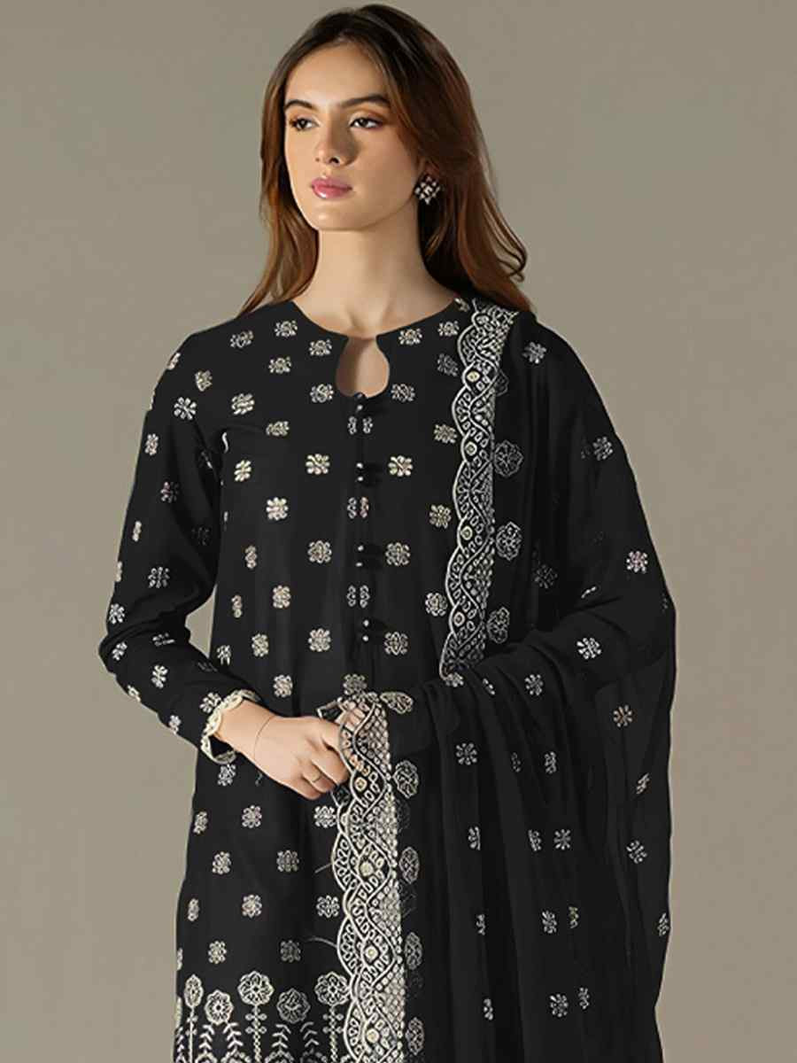 Black Faux Georgette Embroidered Festival Wedding Pant Salwar Kameez