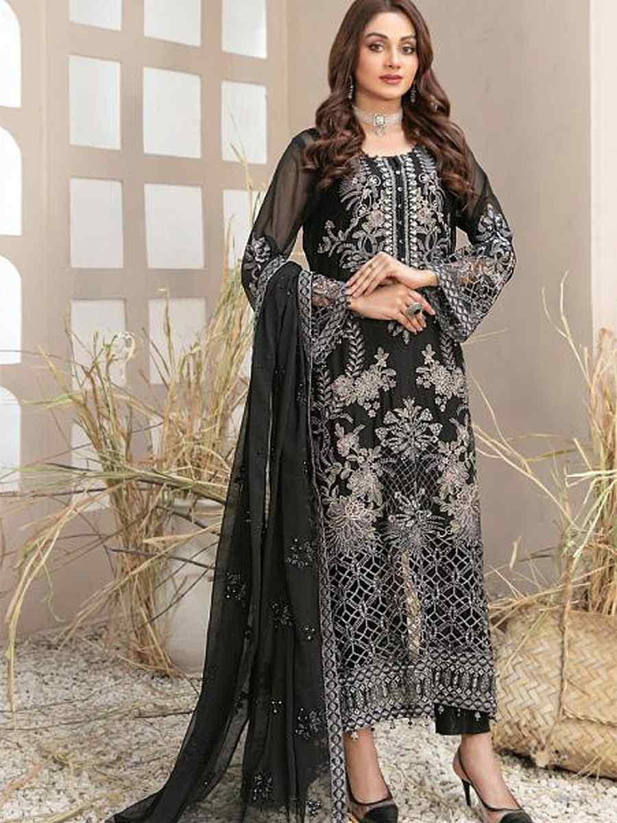 Black Faux Georgette Embroidered Festival Wedding Pant Salwar Kameez