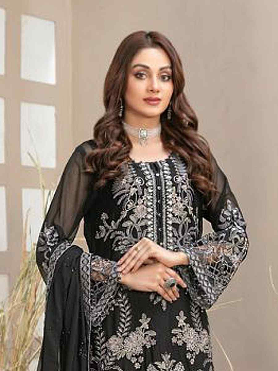 Black Faux Georgette Embroidered Festival Wedding Pant Salwar Kameez