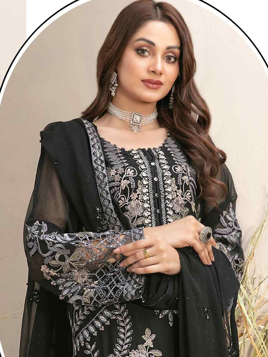 Black Faux Georgette Embroidered Festival Wedding Pant Salwar Kameez