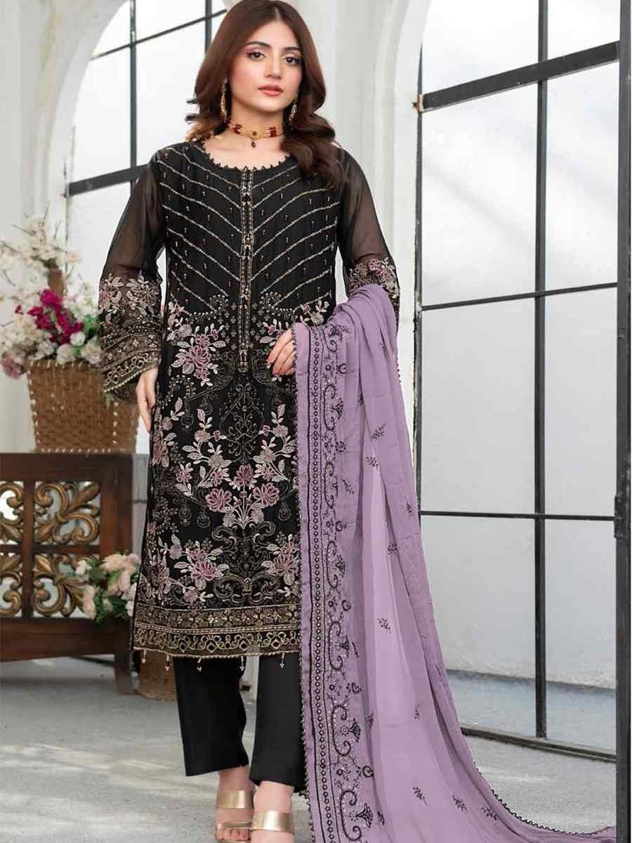 Black Faux Georgette Embroidered Festival Wedding Pant Salwar Kameez