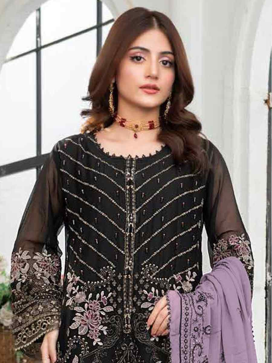 Black Faux Georgette Embroidered Festival Wedding Pant Salwar Kameez