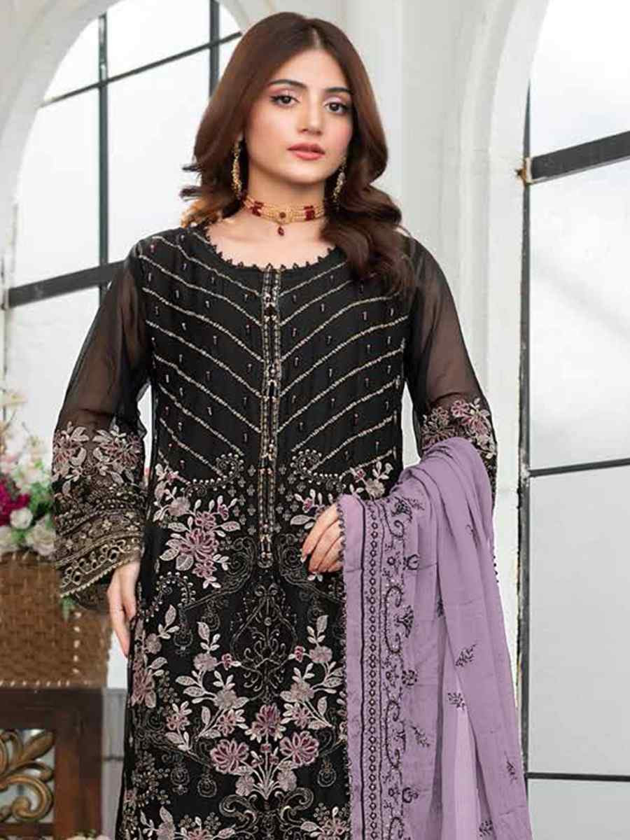 Black Faux Georgette Embroidered Festival Wedding Pant Salwar Kameez