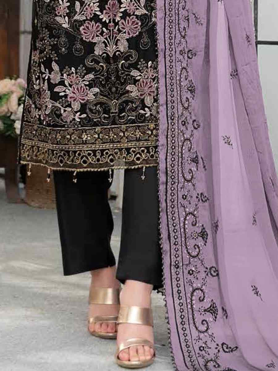 Black Faux Georgette Embroidered Festival Wedding Pant Salwar Kameez