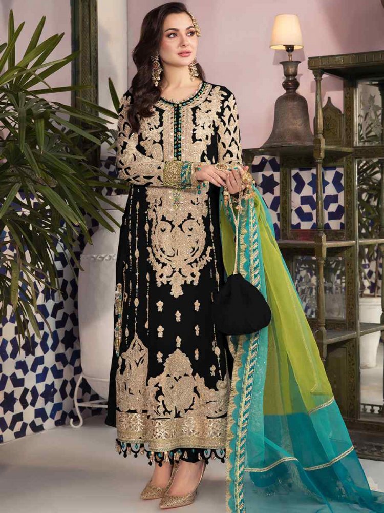Black Faux Georgette Embroidered Festival Wedding Pant Salwar Kameez