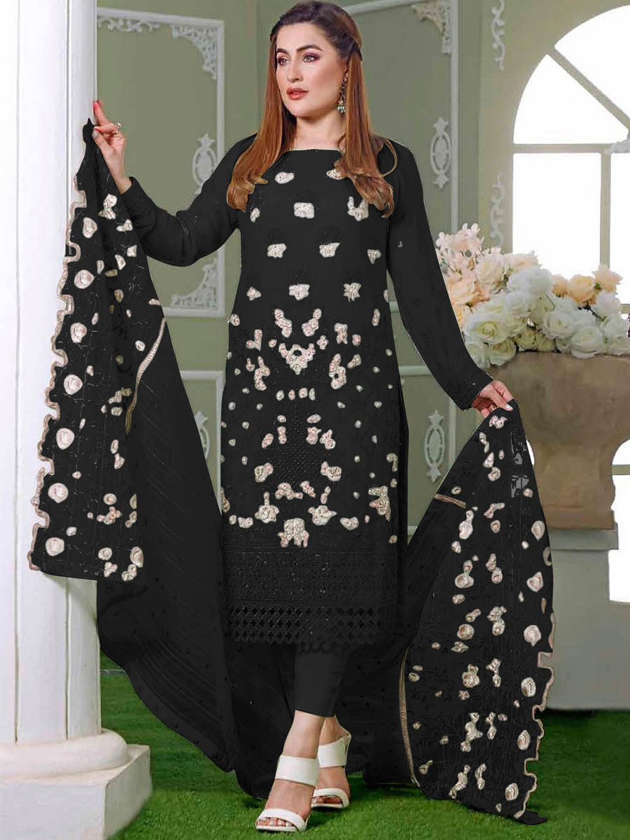 Black Faux Georgette Embroidered Festival Wedding Pant Salwar Kameez