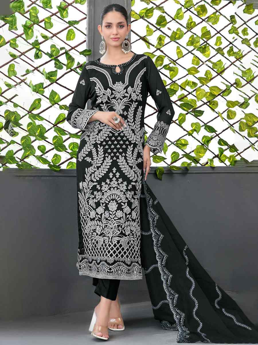 Black Faux Georgette Embroidered Festival Wedding Pant Salwar Kameez