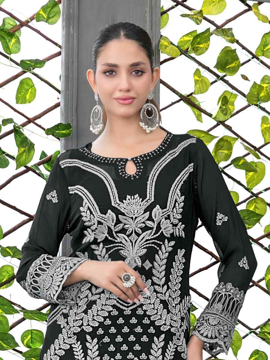 Black Faux Georgette Embroidered Festival Wedding Pant Salwar Kameez