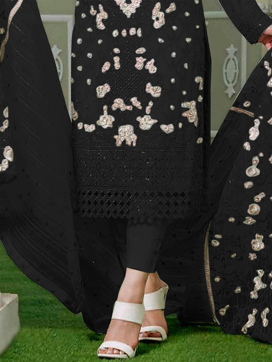 Black Faux Georgette Embroidered Festival Wedding Pant Salwar Kameez