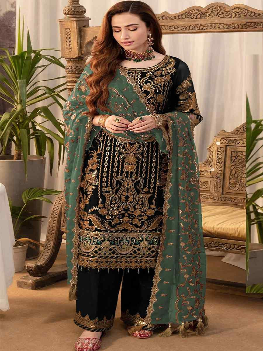 Black Faux Georgette Embroidered Festival Wedding Pant Salwar Kameez