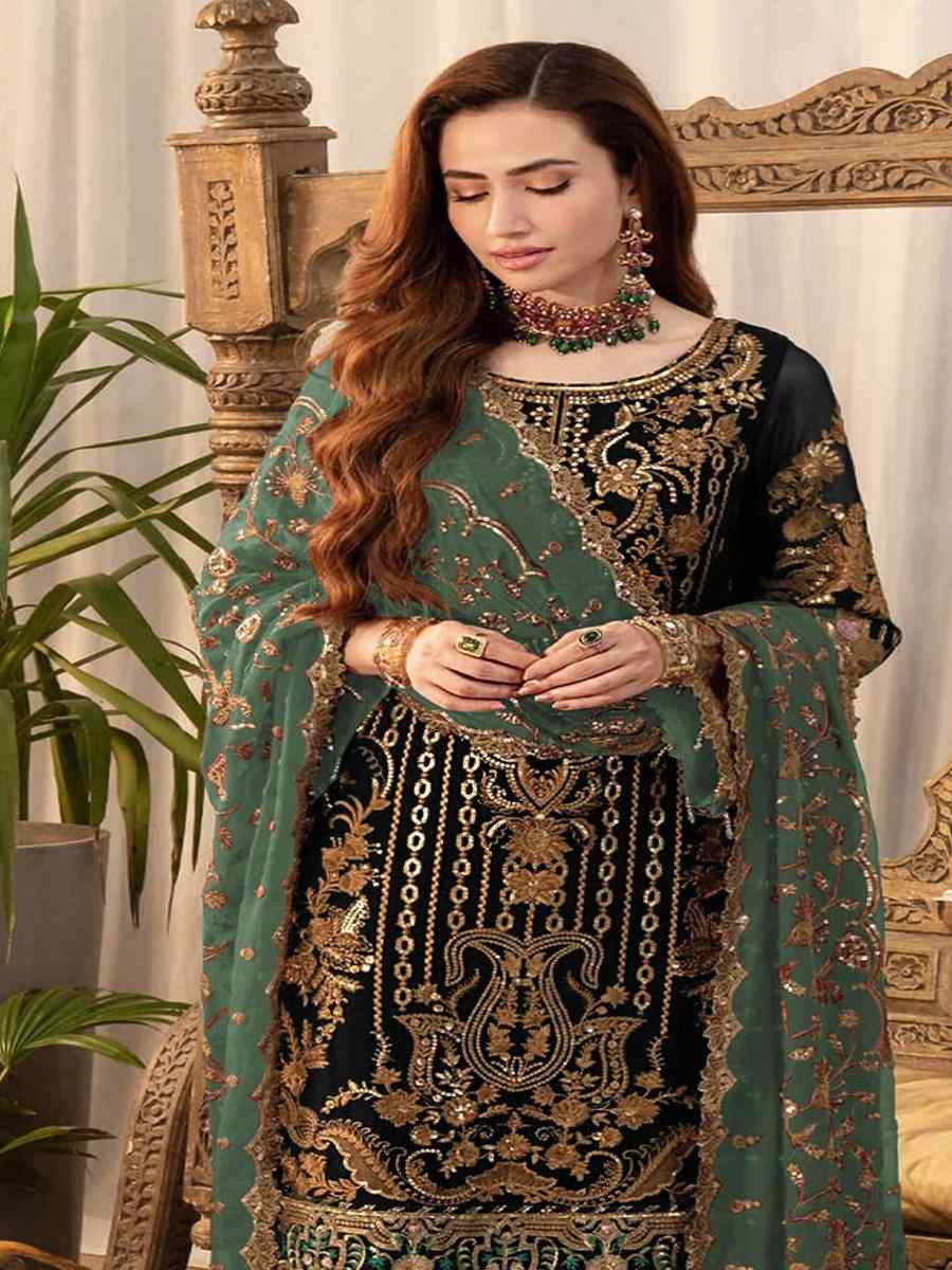 Black Faux Georgette Embroidered Festival Wedding Pant Salwar Kameez