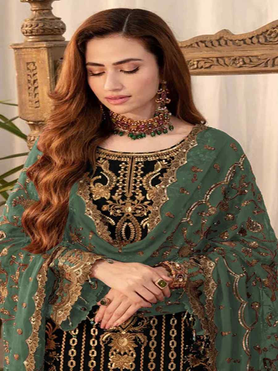 Black Faux Georgette Embroidered Festival Wedding Pant Salwar Kameez