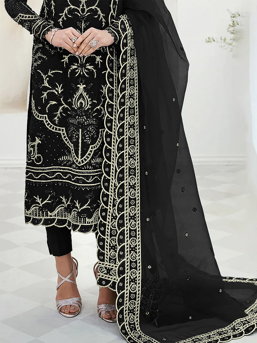 Black Faux Georgette Embroidered Festival Wedding Pant Salwar Kameez
