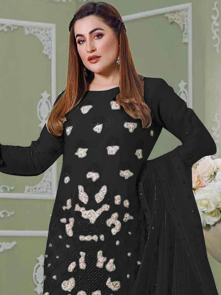 Black Faux Georgette Embroidered Festival Wedding Pant Salwar Kameez