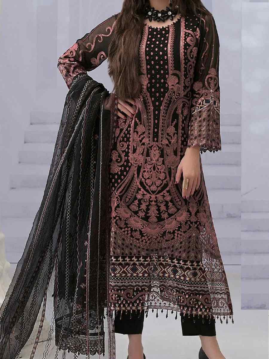 Black Faux Georgette Embroidered Festival Wedding Pant Salwar Kameez