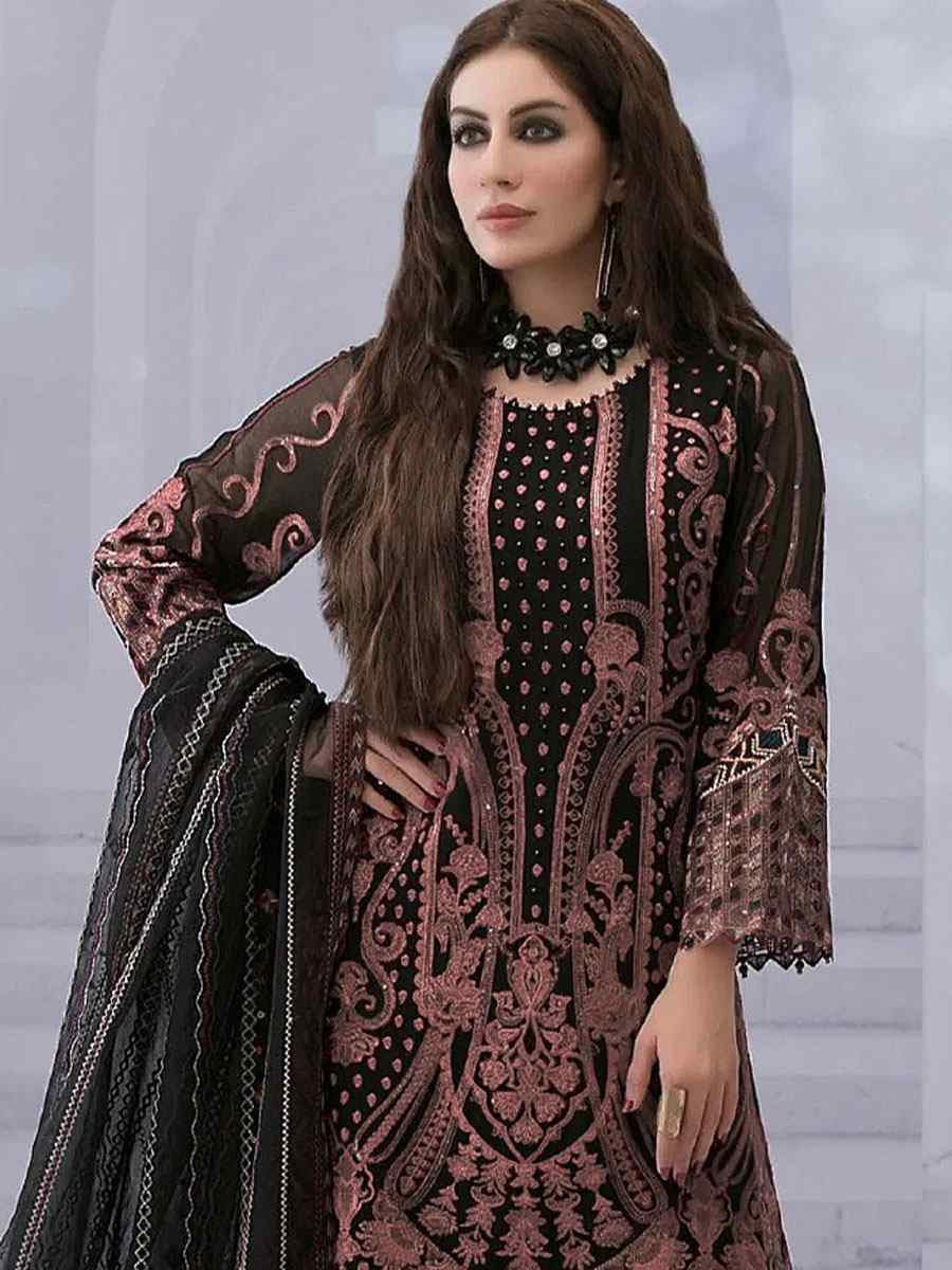 Black Faux Georgette Embroidered Festival Wedding Pant Salwar Kameez